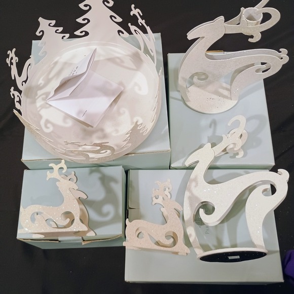PartyLite Winter Reindeer Candle Holder Set White Glitter 5 Piece Holiday Decor - Picture 3 of 5